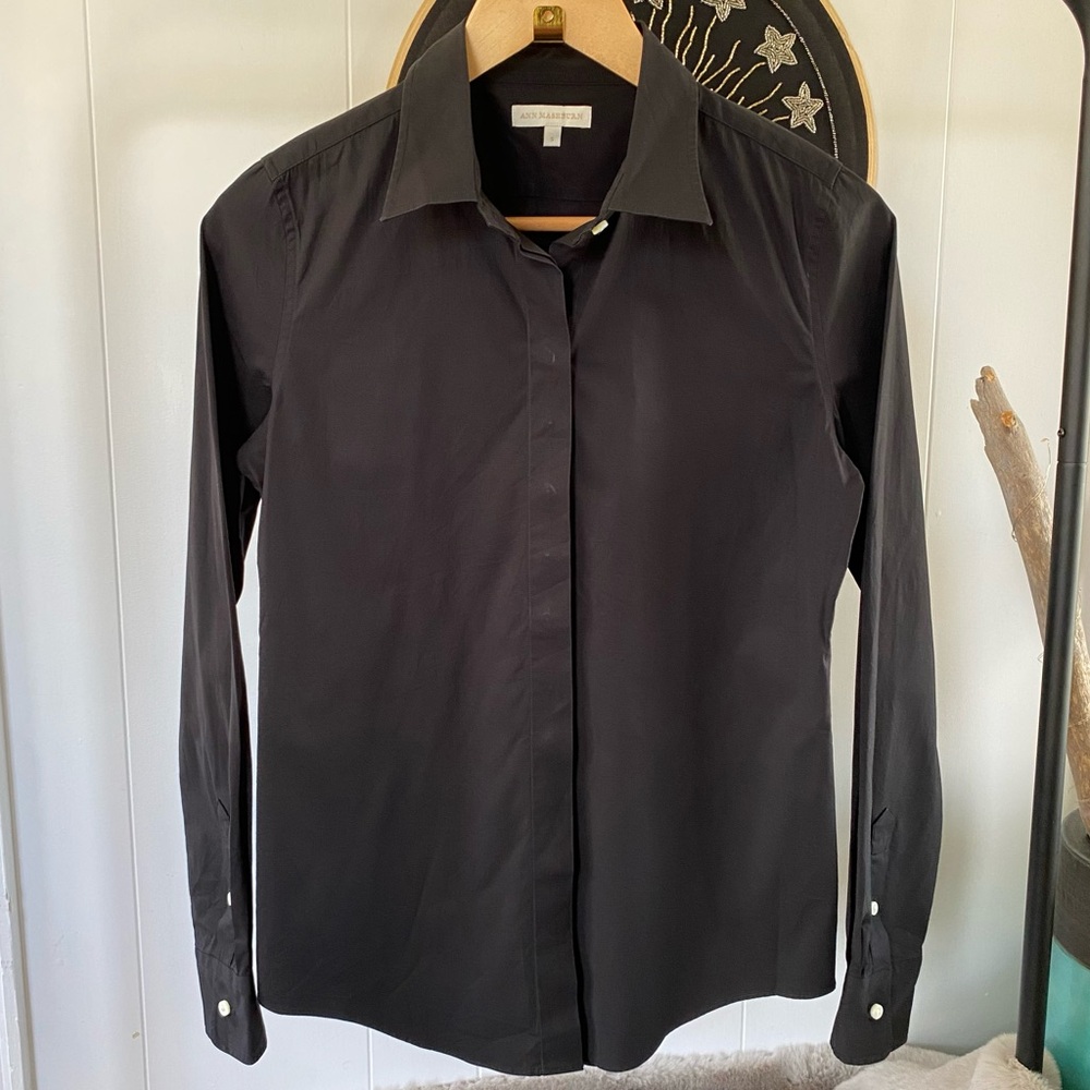 Ann Mashburn Cotton Button Down Shirt Top Blouse Black Hidden Collared Span